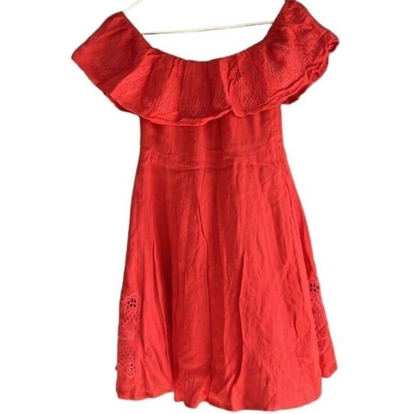 Design Lab Embroidery Dress XS Eyelet Red‎ Off Shoulder Button Front Fit Flare - Picture 3 of 6